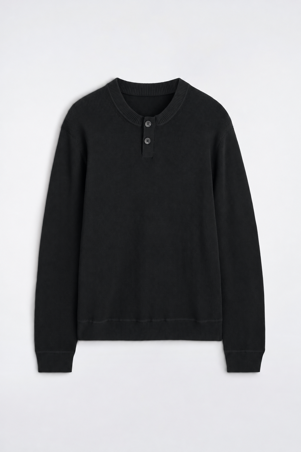 Black Ribbed Knit Henley Sweater — Men's Long Sleeve Two-Button Layer