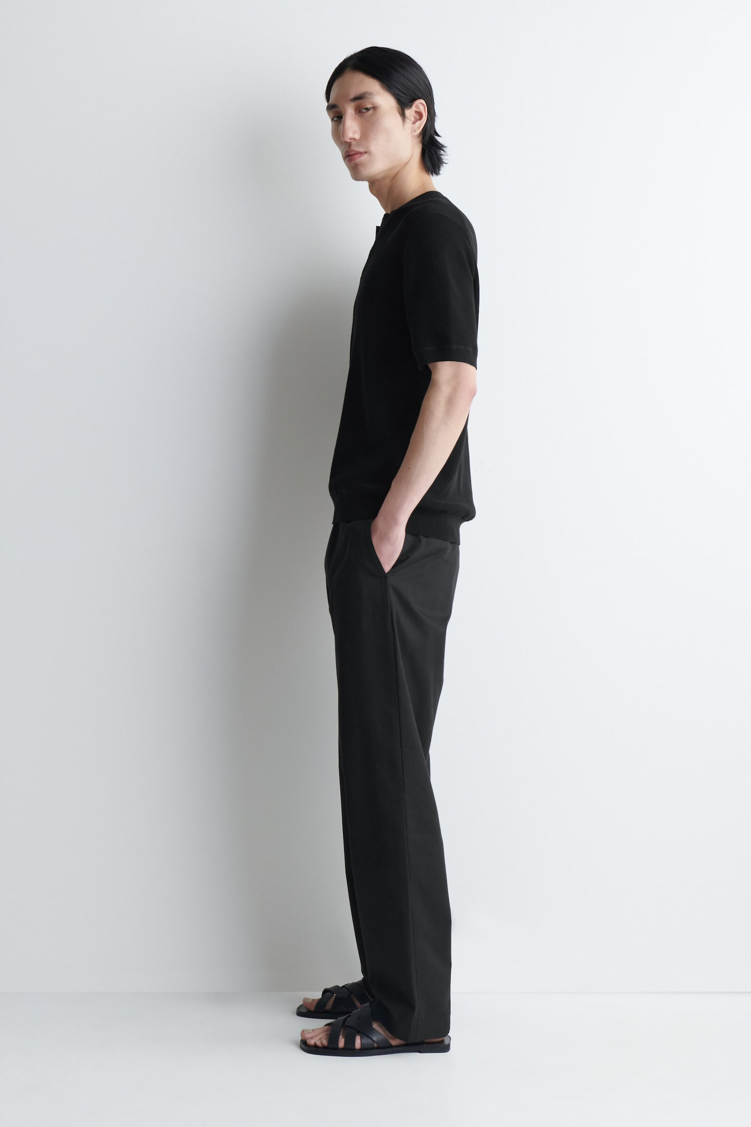 Black Split-Neck Knit T-Shirt — Men's Short Sleeve Open Collar Top