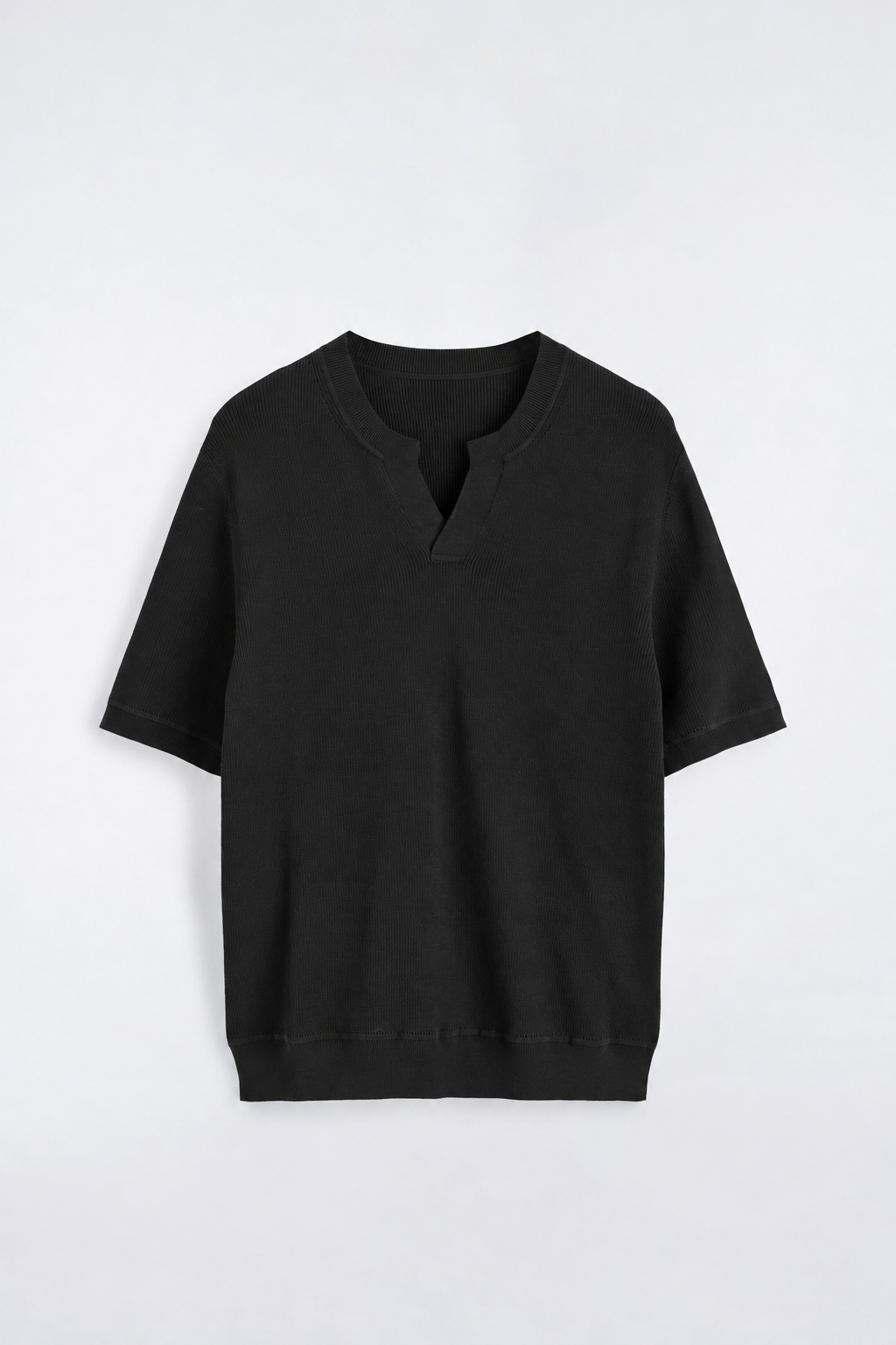 Black Split-Neck Knit T-Shirt — Men's Short Sleeve Open Collar Top