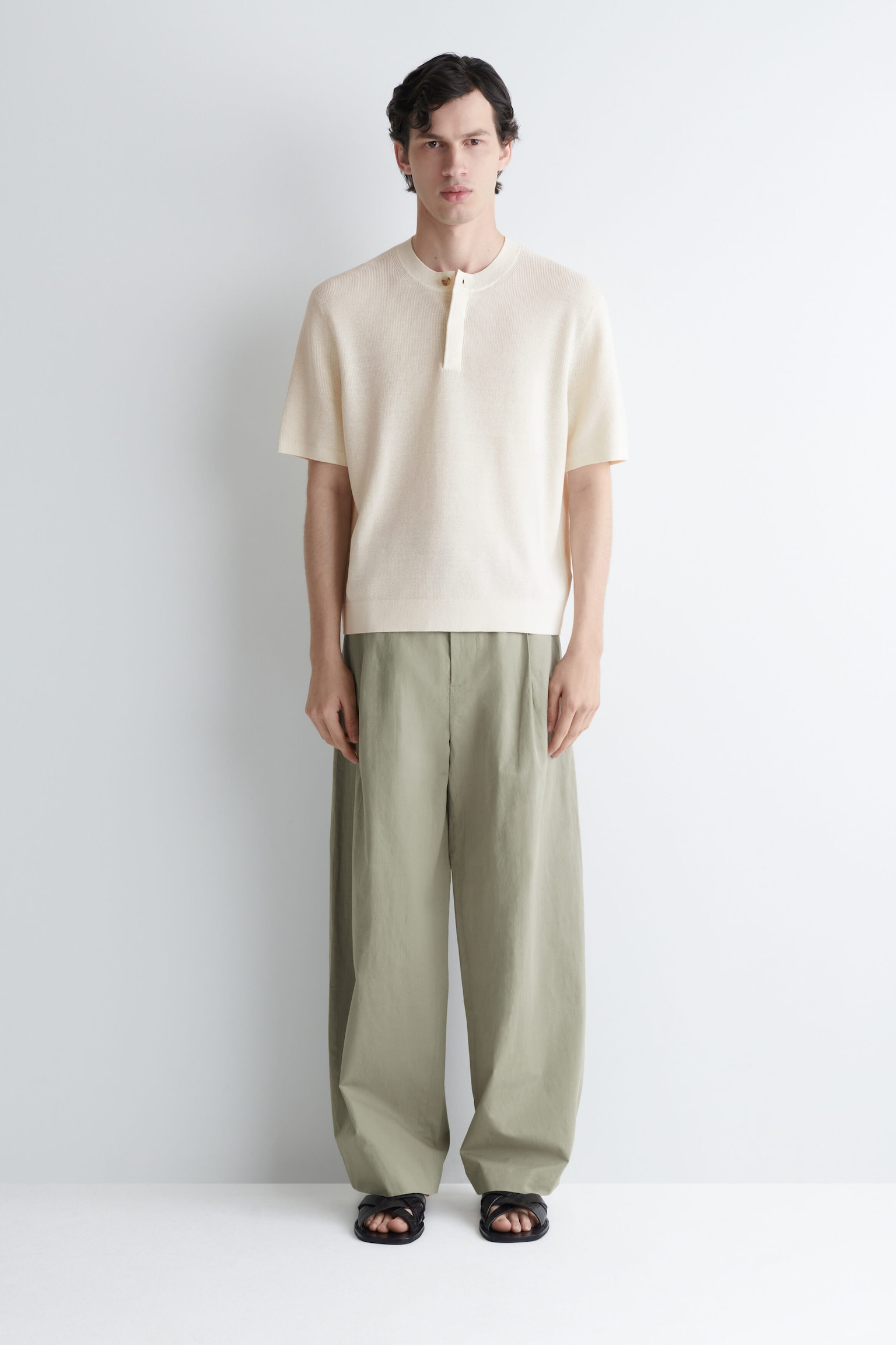 Off White Knit Henley T-Shirt — Men's Short Sleeve Relaxed Summer Top