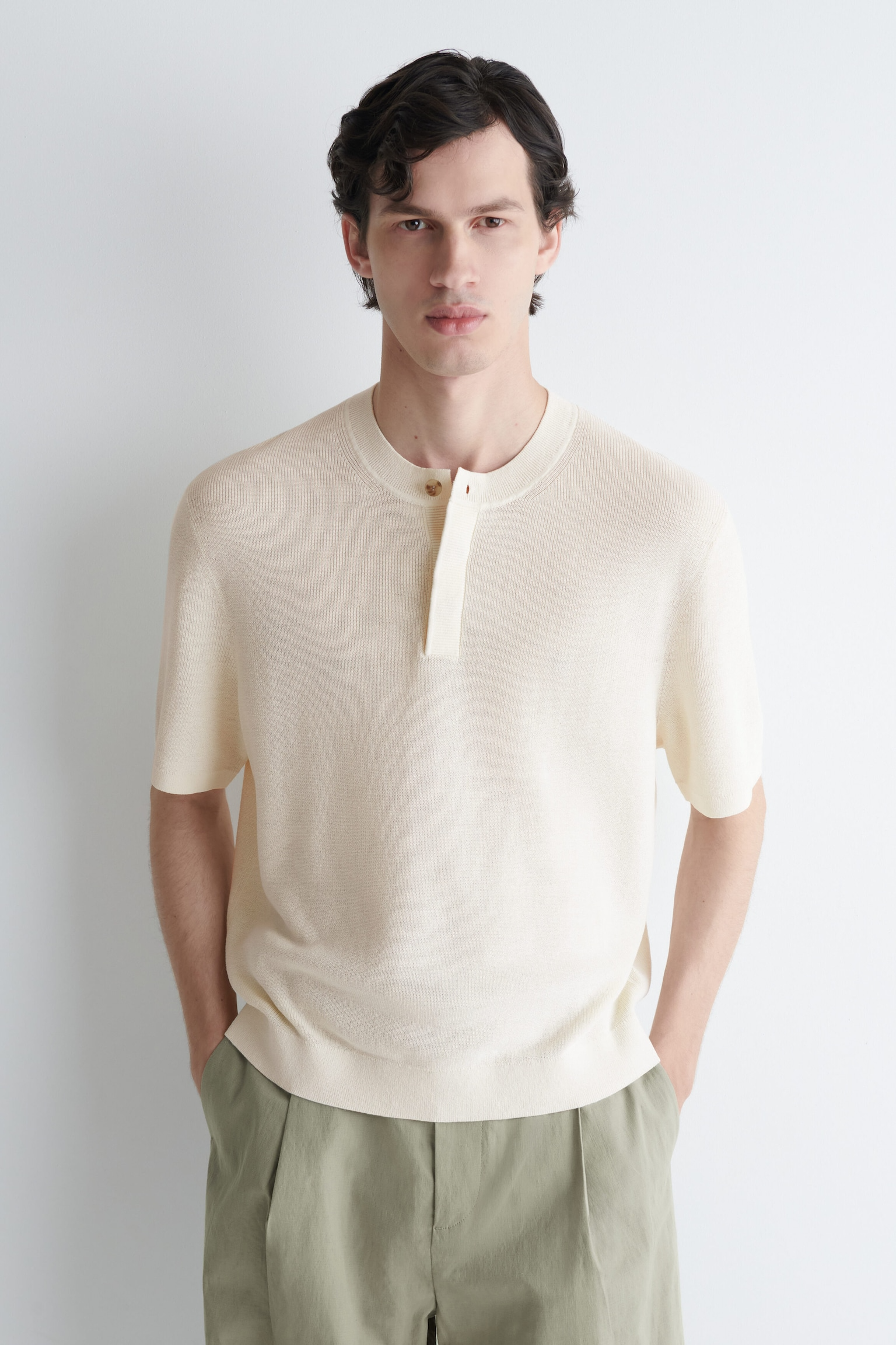 Off White Knit Henley T-Shirt — Men's Short Sleeve Relaxed Summer Top