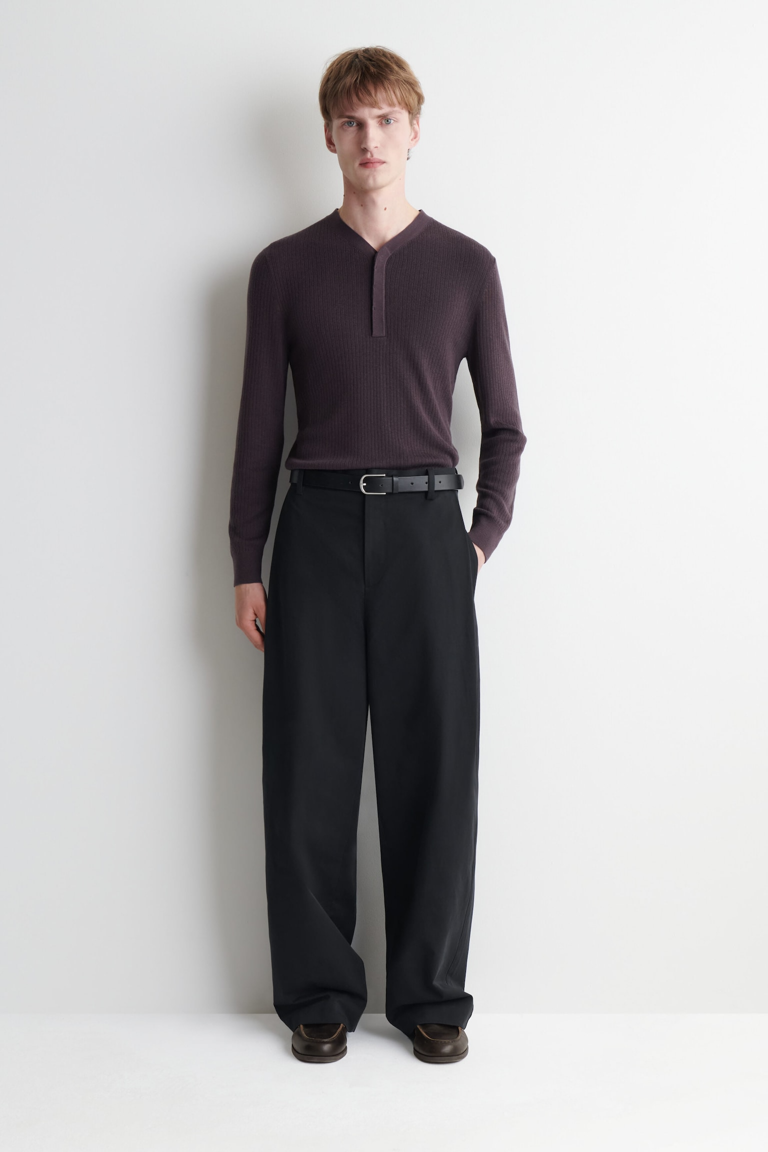 Plum Brown Ribbed Knit Henley — Men's Long Sleeve V-Placket Top