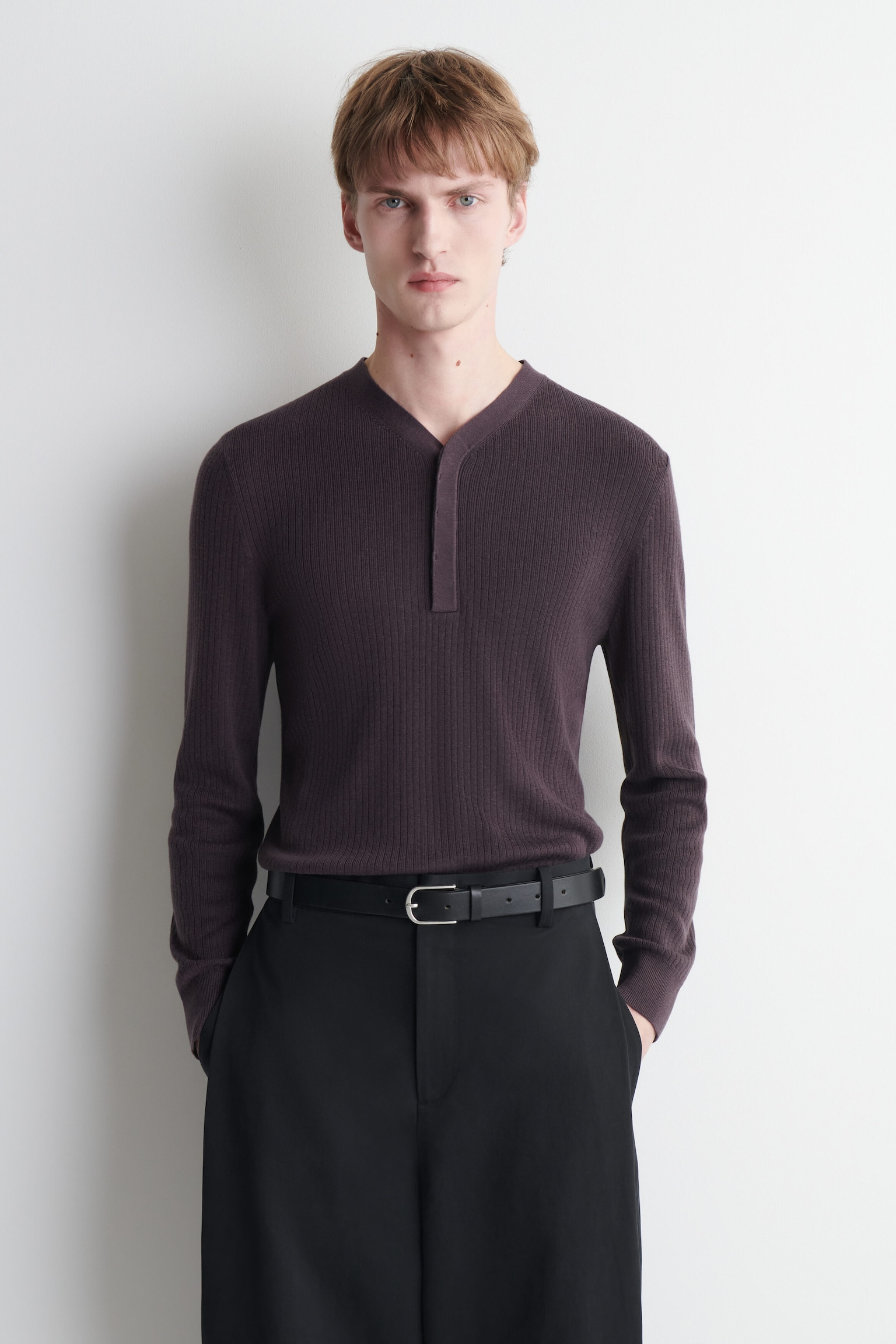 Plum Brown Ribbed Knit Henley — Men's Long Sleeve V-Placket Top