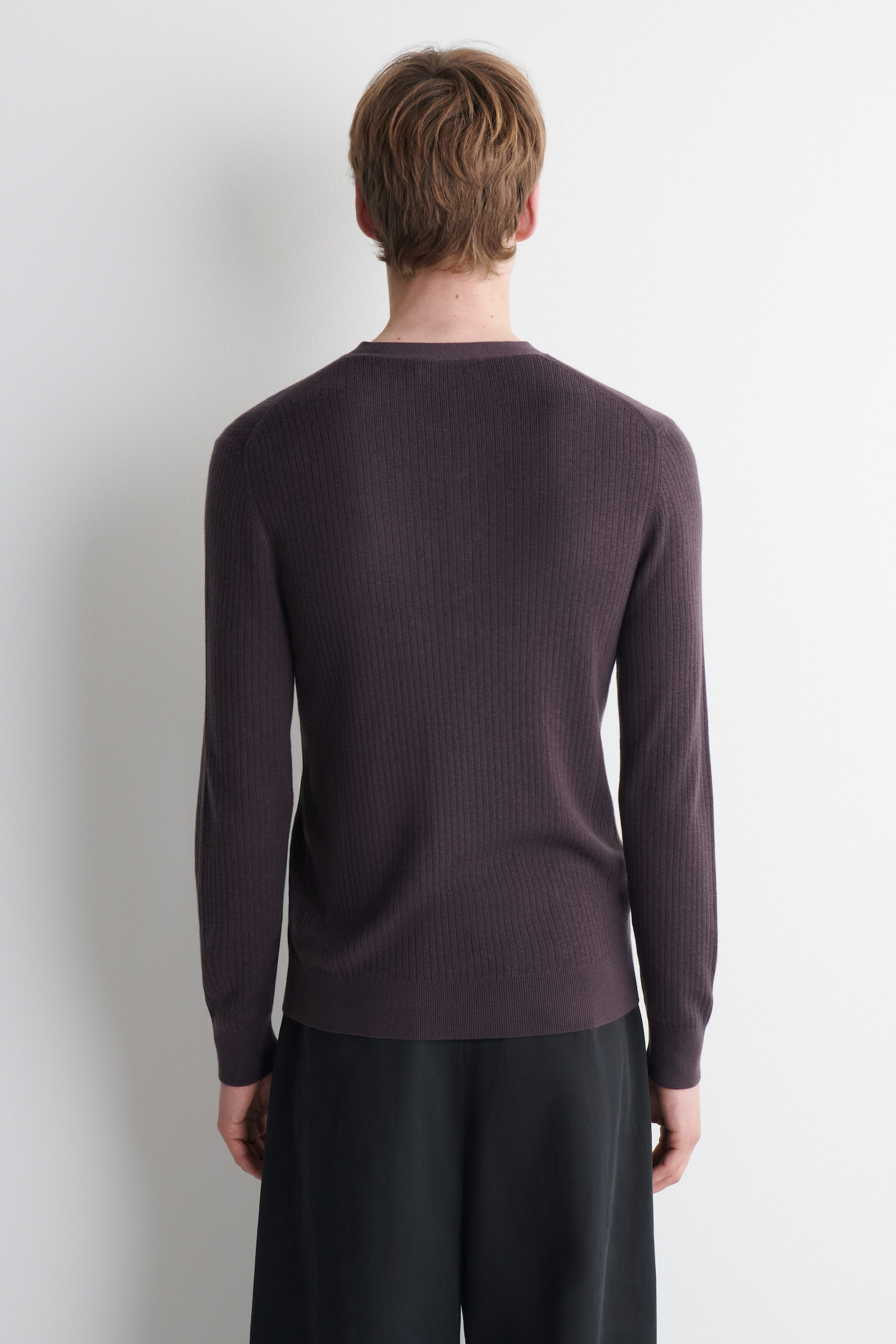 Plum Brown Ribbed Knit Henley — Men's Long Sleeve V-Placket Top