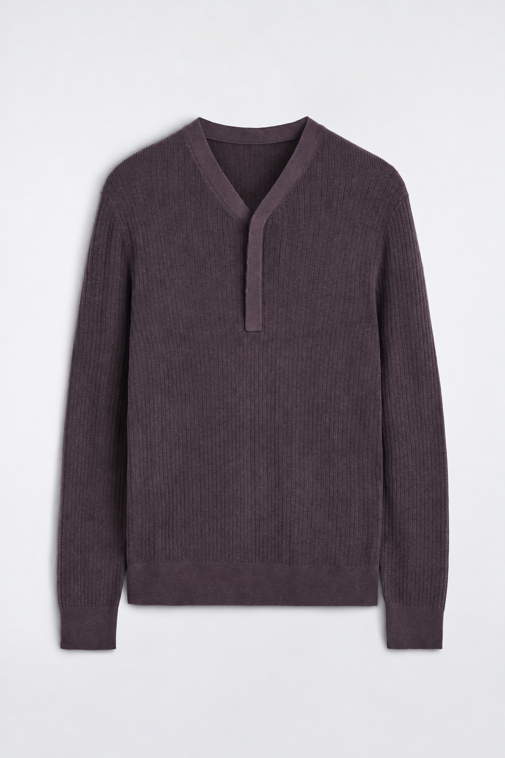 Plum Brown Ribbed Knit Henley — Men's Long Sleeve V-Placket Top