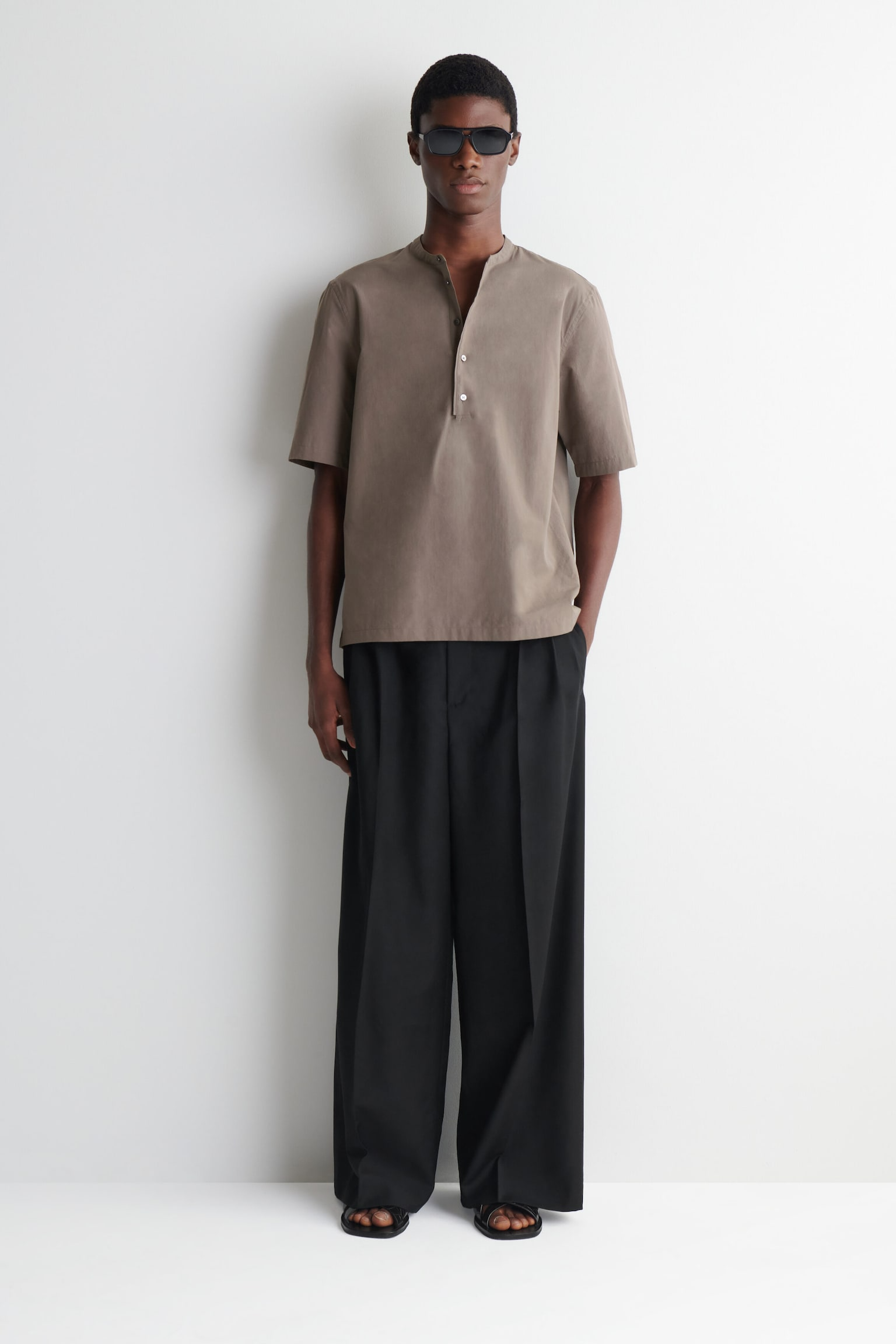 Taupe Brown Cotton Henley Shirt — Men's Short Sleeve Band Collar Top