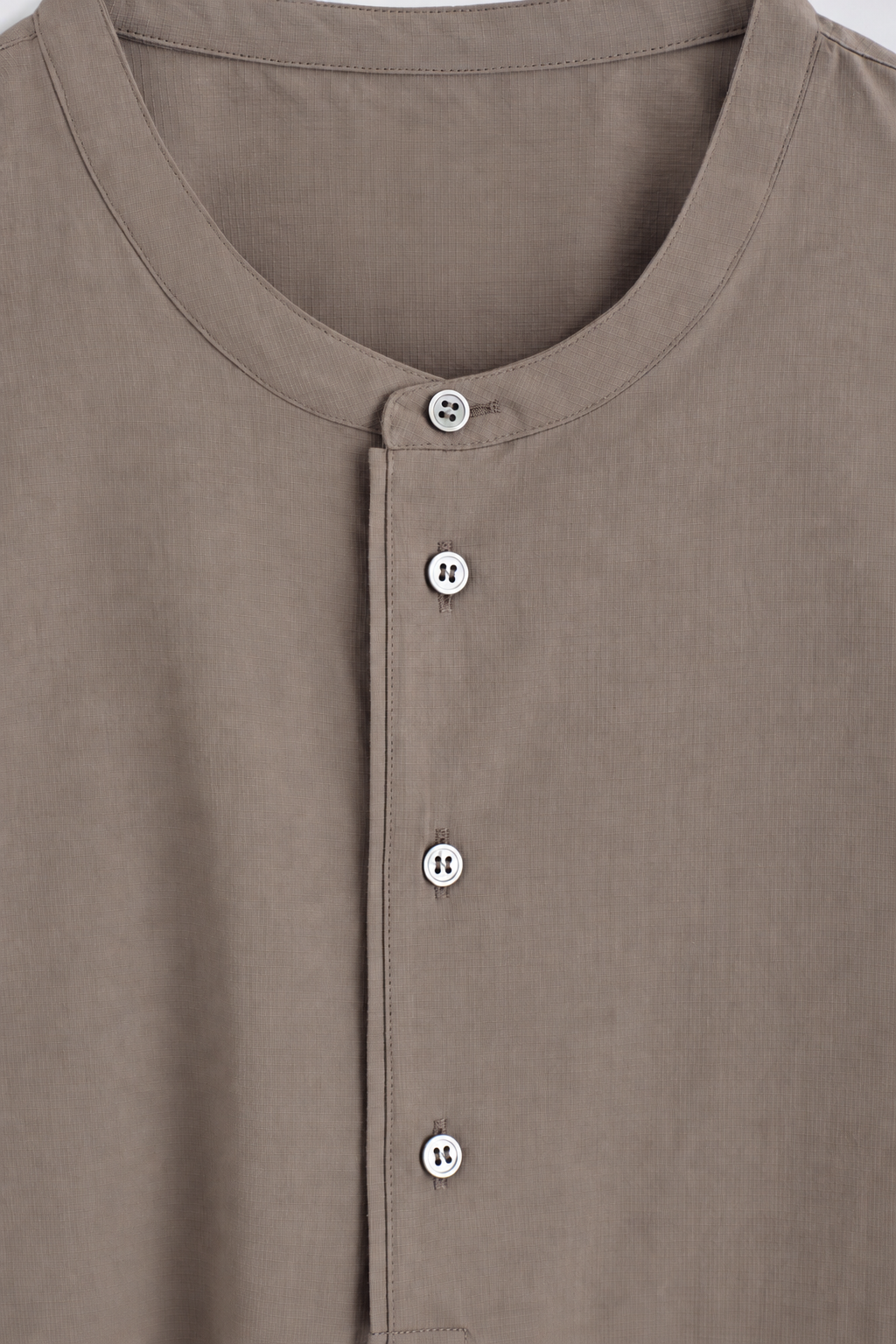 Taupe Brown Cotton Henley Shirt — Men's Short Sleeve Band Collar Top