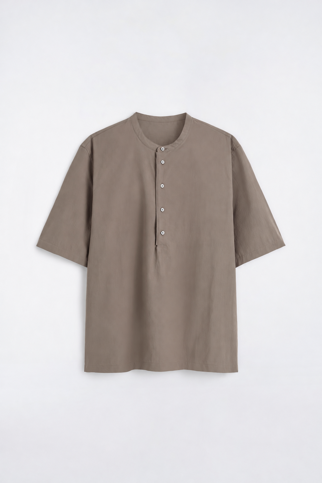 Taupe Brown Cotton Henley Shirt — Men's Short Sleeve Band Collar Top