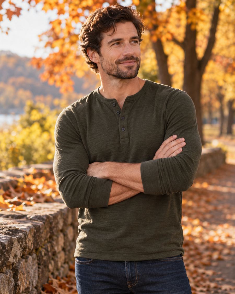 Man in a henley standing in an autumn park with arms crossed