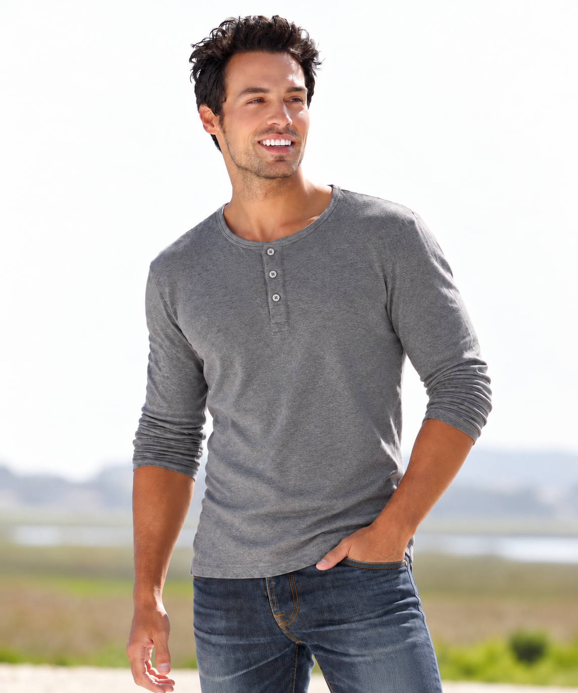 Man in a henley buttoned all the way up, close-up of the chest