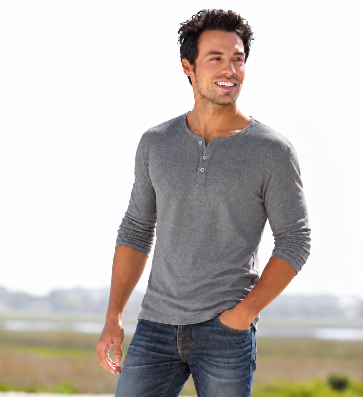 Henley with the top button undone, close-up of the collar