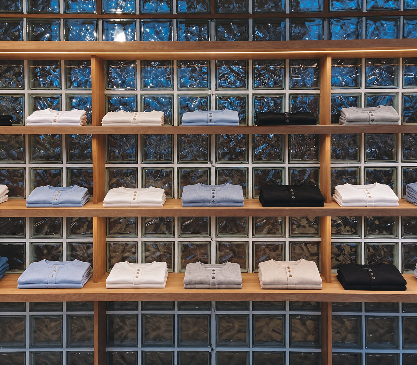 Small clothing shop interior with folded shirts on shelves